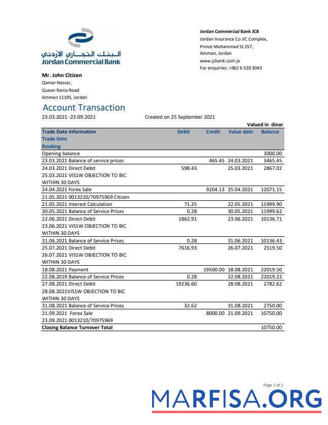Downloadable Jordan Commercial Bank JCB bank statement excel download for verification